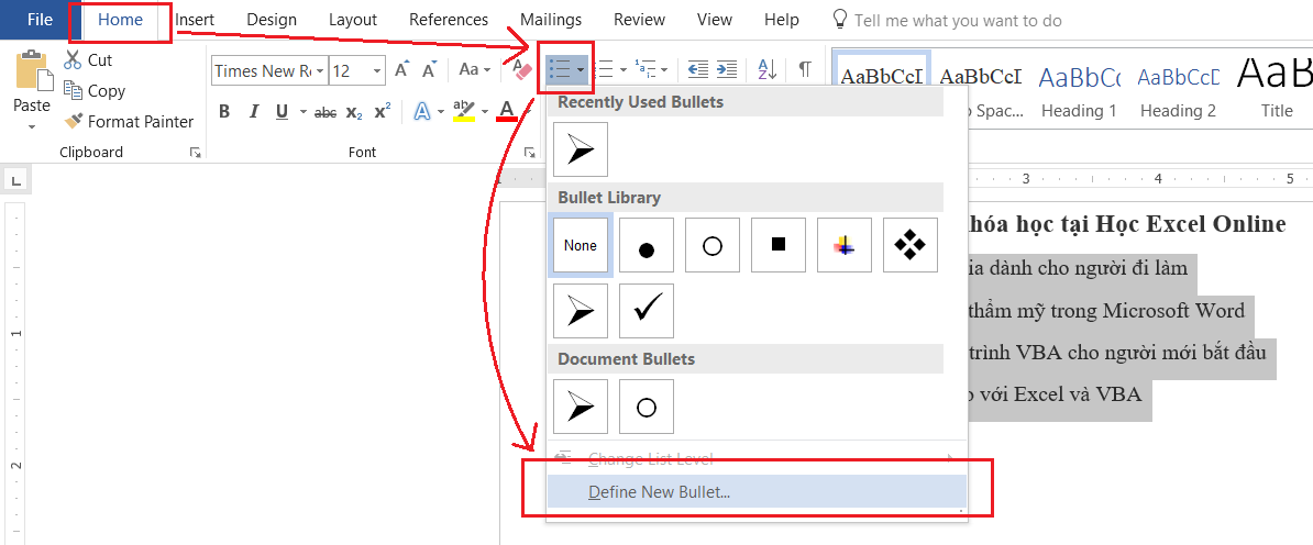 Mở hộp thoại Define New Bullet trong Word