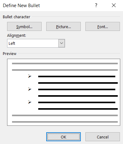 Hộp thoại tùy chỉnh danh sách đầu dòng trong Word