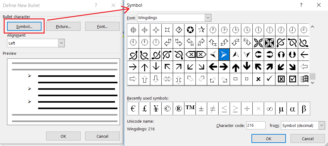 Chọn ký hiệu tùy chỉnh cho danh sách đầu dòng
