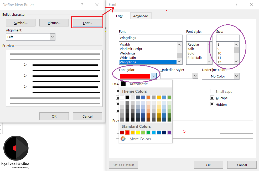 Thay đổi font chữ, màu sắc và kích cỡ của ký hiệu đầu dòng