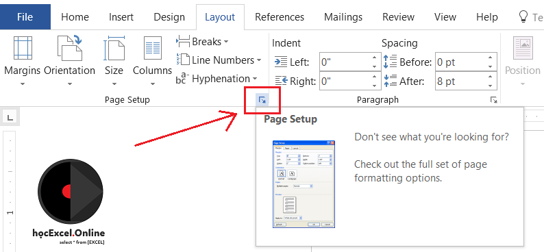 Hướng dẫn in bảng tính Excel trên khổ giấy A3 Mở cửa sổ Page Setup trong Excel
