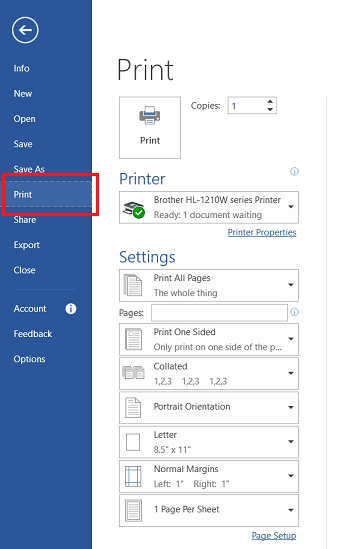 Giao diện chức năng in