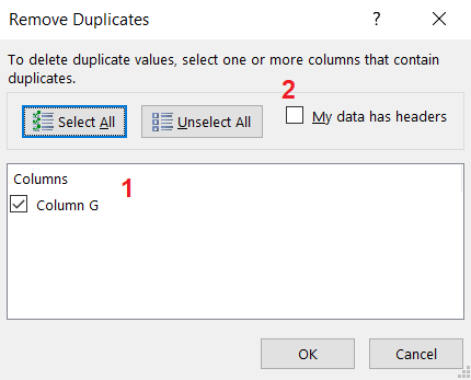 Cửa sổ Remove Duplicates