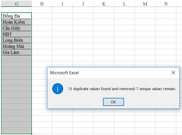 Kết quả sau khi loại bỏ giá trị trùng lặp