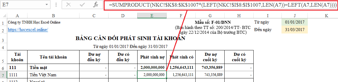 Excel interface displaying the SUMPRODUCT function arguments for calculating total transaction amounts based on account criteria