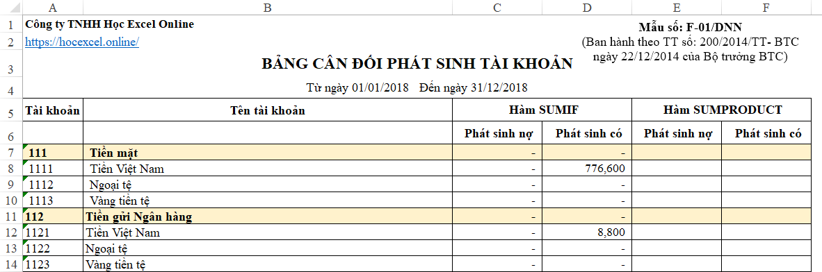 Lập Bảng Cân Đối Số Phát Sinh trên Excel với Hàm SUMPRODUCT Bảng cân đối số phát sinh với SUMIF