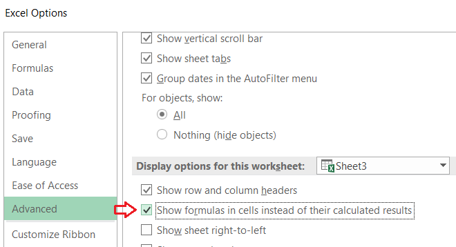 alt text: Chế độ hiển thị công thức được bật trong Excel