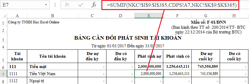 Tính tổng phát sinh bằng hàm SUMIF
