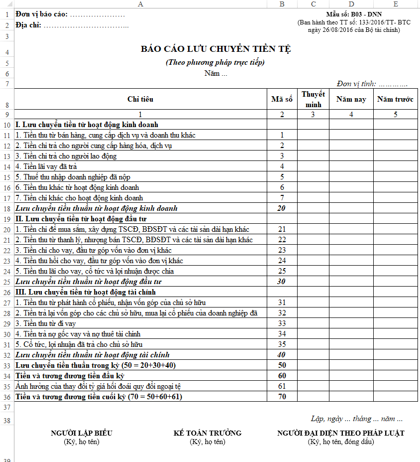 Mẫu báo cáo lưu chuyển tiền tệ