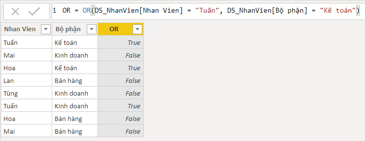 Ví dụ về hàm OR trong Power BI