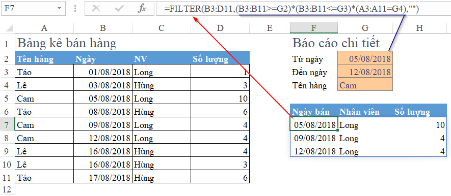 Excel dataset filtered by multiple criteria including product type and quantity