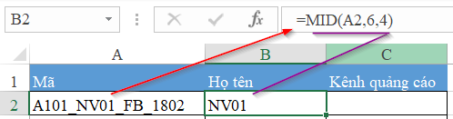 Tách mã nhân viên bằng hàm MID
