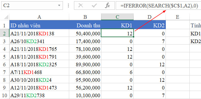 The result of the helper column showing numeric values for matches and 0 for non-matches