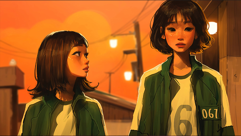 Hình nền Squid Game chibi với các nhân vật