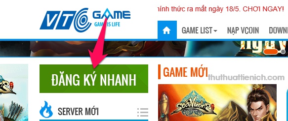 Nút Đăng ký nhanh trên trang chủ VTC