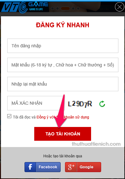 Biểu mẫu đăng ký tài khoản VTC