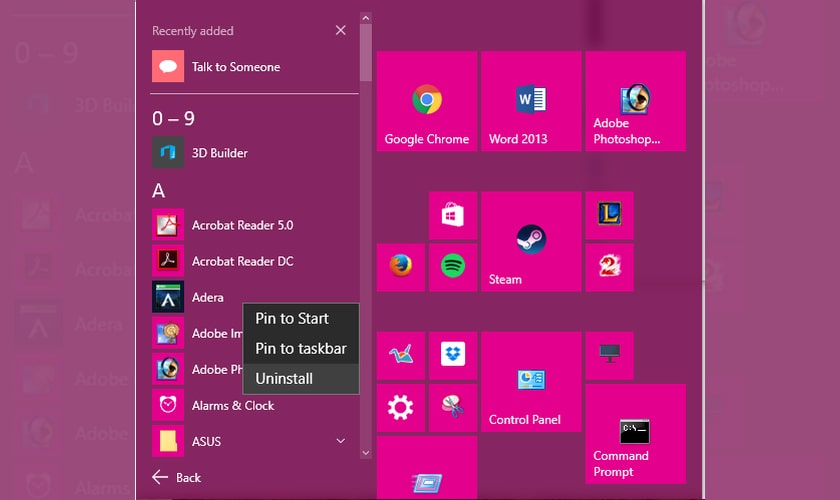 Xóa ứng dụng từ Menu Start trên Windows 10