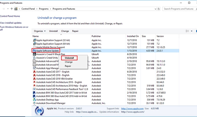 Gỡ bỏ ứng dụng qua Control Panel trên Windows 10