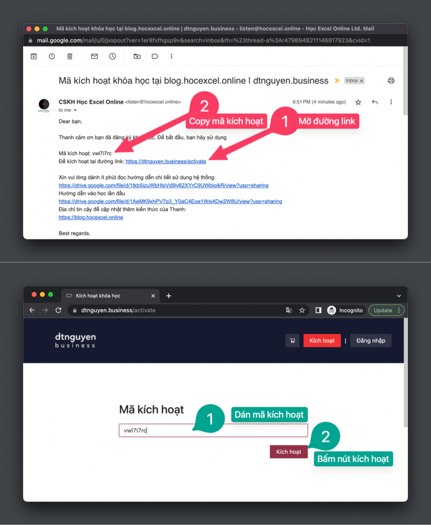 Kích hoạt khóa học Excel Online