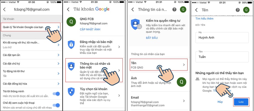 Đổi tên Gmail trên điện thoại