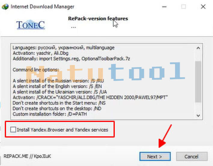 alt text: Bỏ chọn cài đặt phần mềm bổ sung trong quá trình cài đặt IDM Silent
