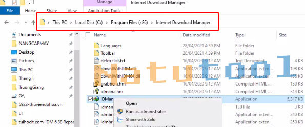 alt text: Tìm file IDMan trong thư mục cài đặt IDM