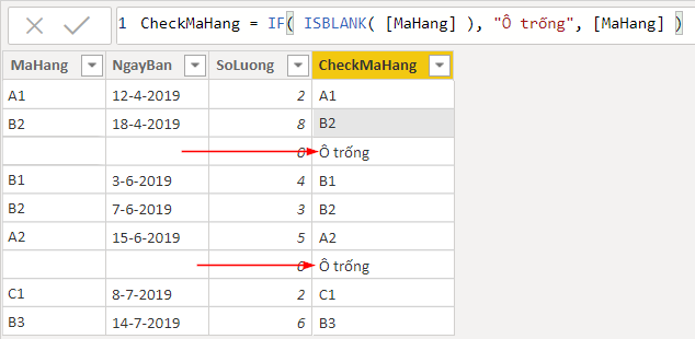 Ví dụ minh họa hàm ISBLANK