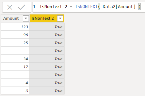 Power BI table demonstrating ISNONTEXT returning True for numeric and blank values