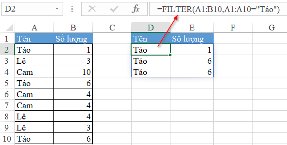 Excel spreadsheet showing the result of filtering 'Apples' from a sales list