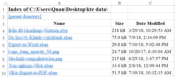 Mô tả danh sách tệp tin trong Excel