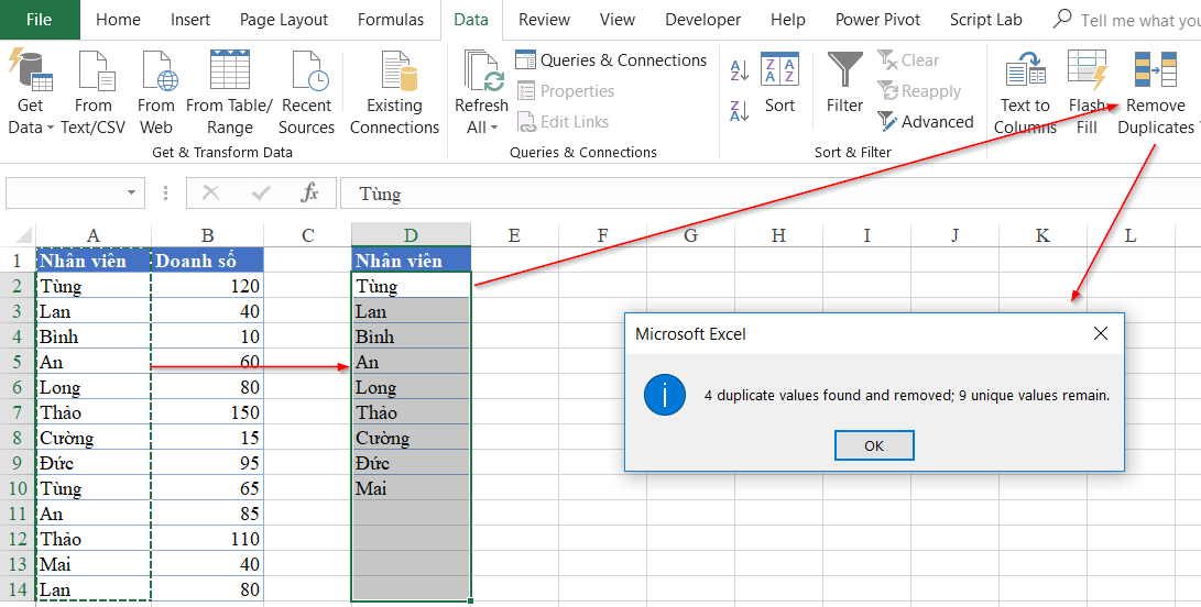 Lọc dữ liệu trùng với Data Remove Duplicates
