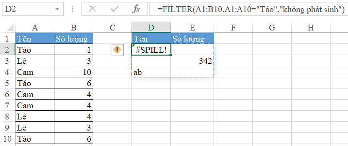 Excel spreadsheet showing a #SPILL! error caused by existing data blocking the spill range