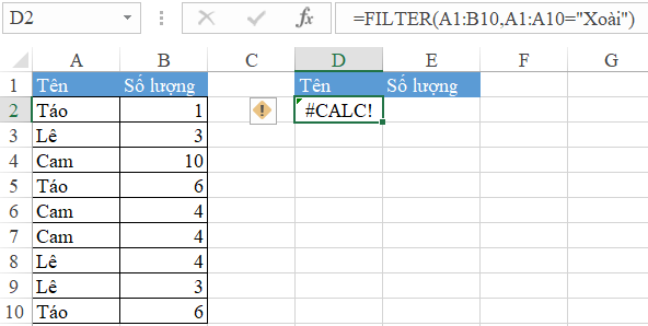 Excel cell displaying #CALC! error when the FILTER function finds no matching data