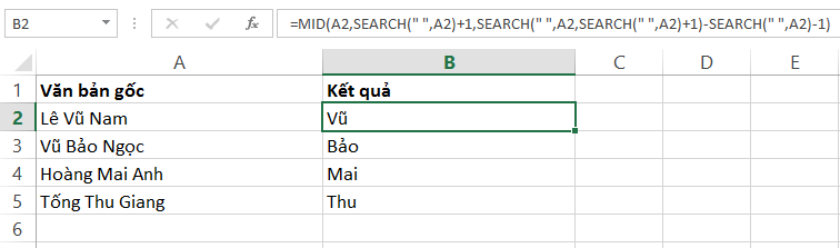Ví dụ trích xuất giữa hai dấu cách