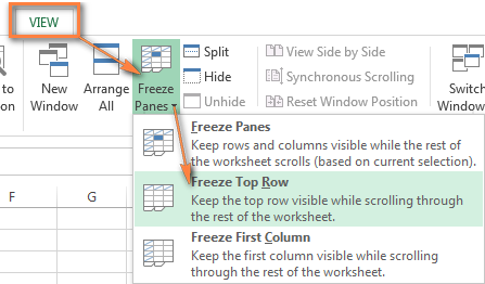 Excel Freeze Panes menu showing the Freeze Top Row option