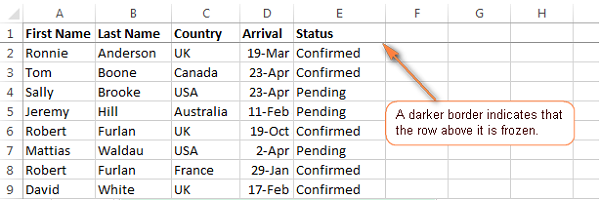 Visual indication of a locked row in Excel with a dark dividing line