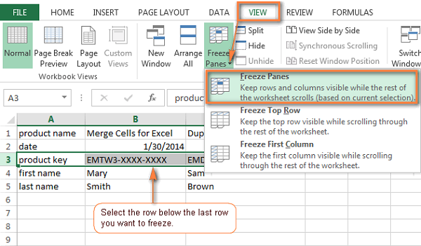 Menu selection for freezing multiple panes based on active cell