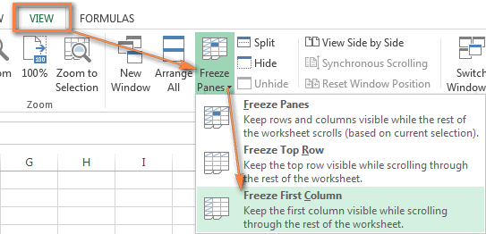 Menu selection for freezing the first column in Excel