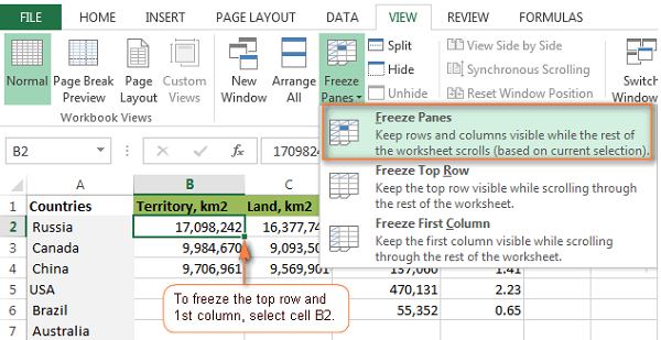 Menu showing Freeze Panes selection for both rows and columns