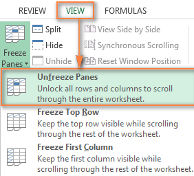 The Unfreeze Panes option in the Excel dropdown menu
