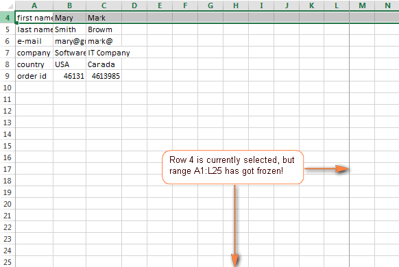 Example of an incorrectly frozen spreadsheet dividing the screen awkwardly