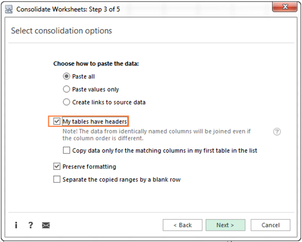 Chọn tùy chọn My tables have headers