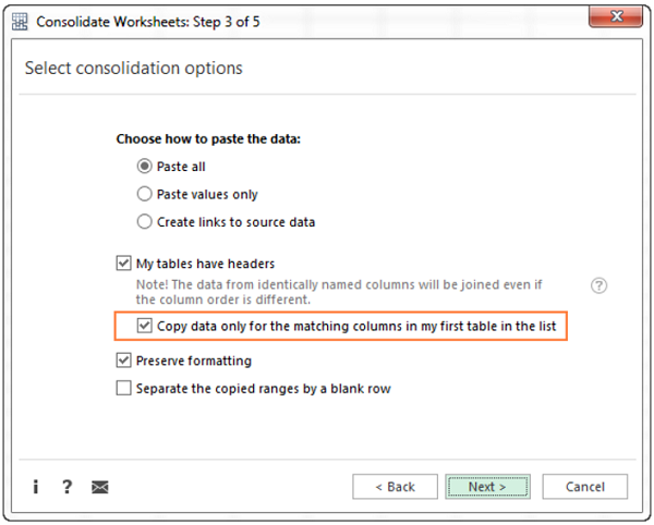 Chọn tùy chọn Copy data only for matching columns