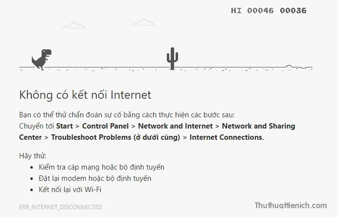 alt text: Trò chơi khủng long T-Rex trên Chrome khi mất kết nối internet