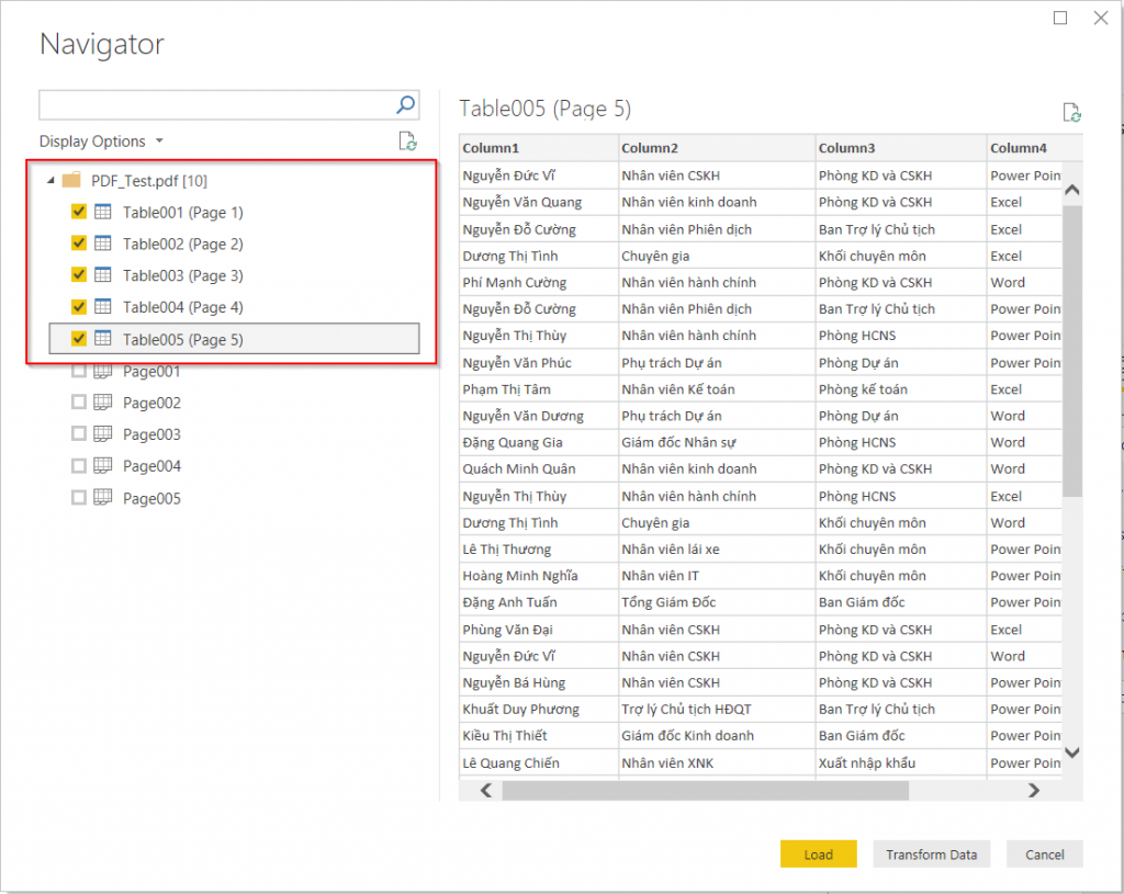 Chọn bảng dữ liệu từ file PDF trong Power BI