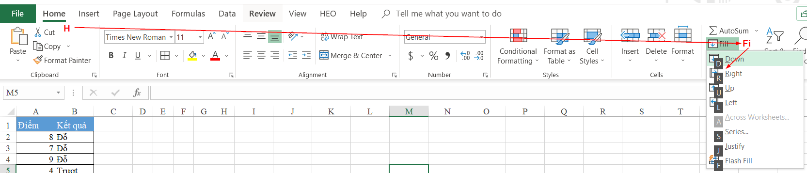 Phím tắt cho Fill