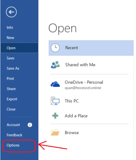 Chọn Options trong tab File