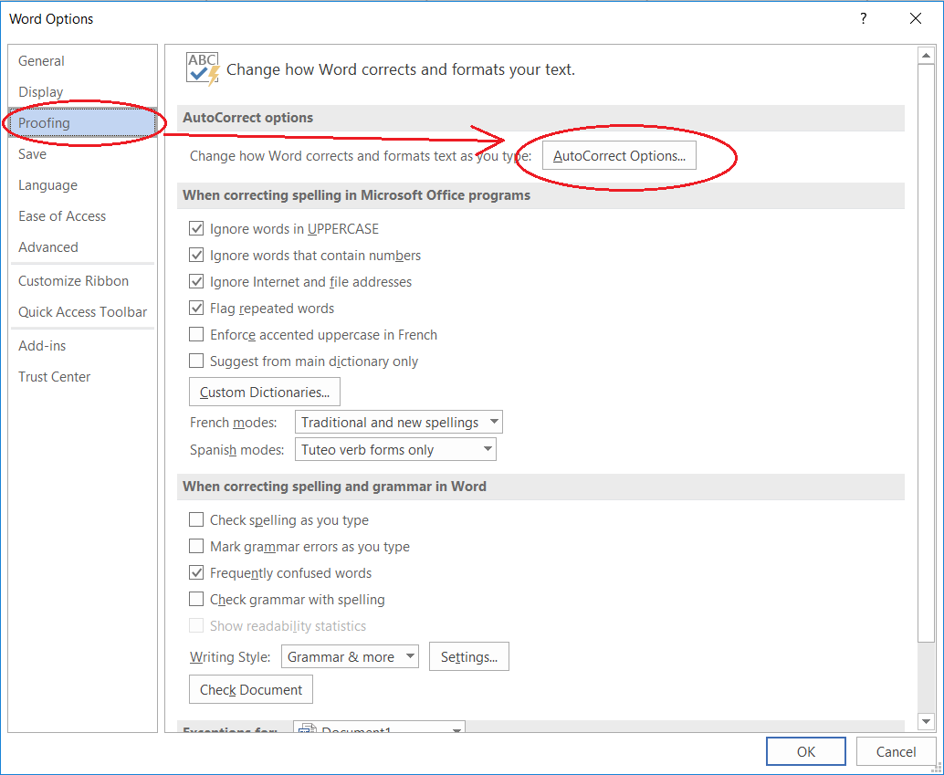 Mở cửa sổ AutoCorrect Options