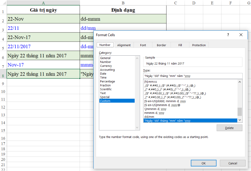 Hướng Dẫn Định Dạng Ngày Tháng Trong Excel Chi Tiết Ví dụ về định dạng ngày tháng kèm ký tự đặc biệt