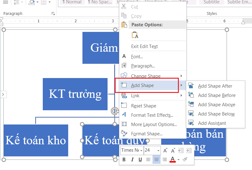 Mô tả: Menu Add Shape trong SmartArt